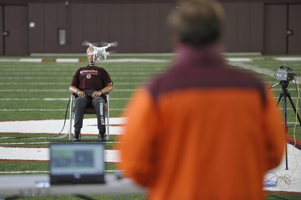 Researchers collect drone impact data at an athletics facility on Virginia Tech’s Blacksburg campus 