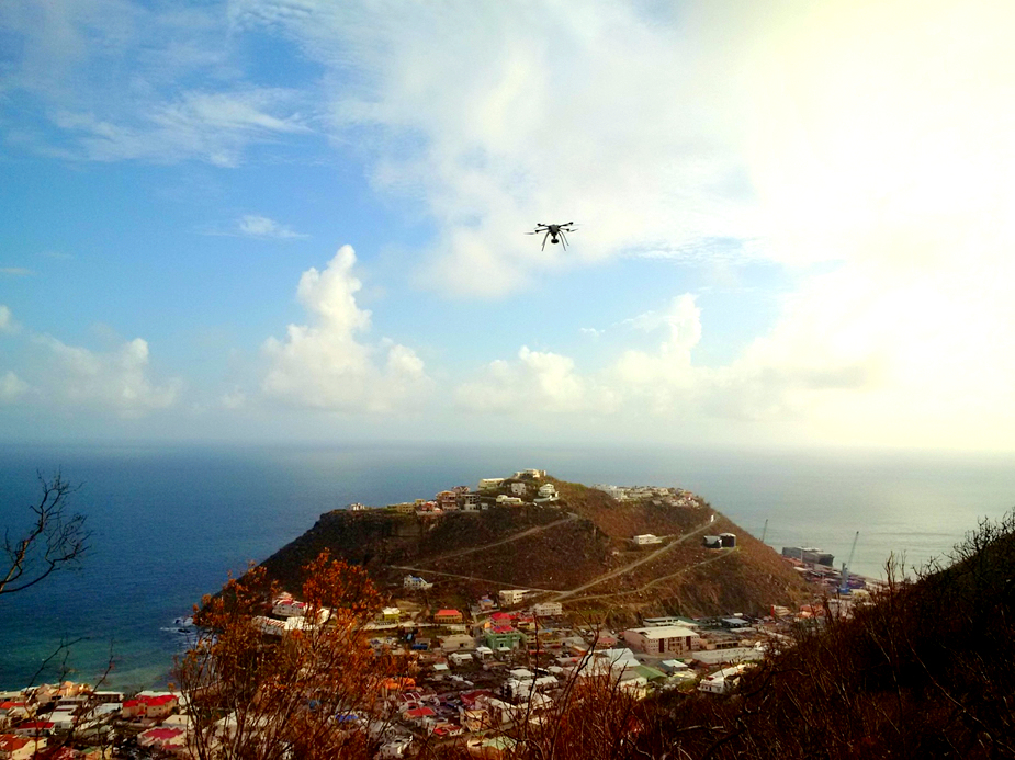 An Aeryon SkyRanger flies over a devastated Point Blanche, St. Maarten in the aftermath of Hurricane Irma.