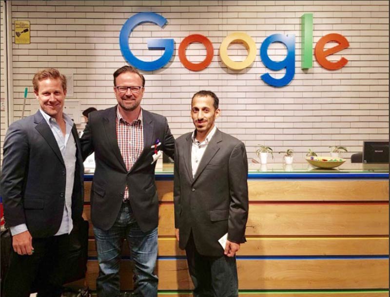  URS Labs Team gathered to pitch their unmanned ground vehicle logistics at Google offices in Munich this month. From left to right, Mr. Urs Eiselin, COO & Co-Founder, URS Labs, Mr. Matthew Cochran, CEO & Co-Founder, URS Labs and Mohammad Al-Shamsi, Head of Robotics at URS Labs.