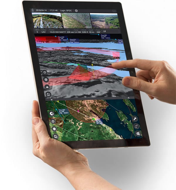 IRIS UAS is a spatial awareness system that allows UAS pilots to operate safely beyond Visual Line-of-Sight (BVLOS). The system is shown here running on a Windows Surface Pro tablet.