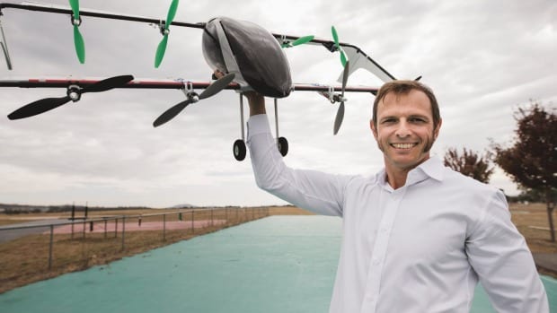 Co-founder of AMSL Aero, Andrew Moore, with a prototype Verti-plane, which has been backed by Telstra's muru-D accelerator 