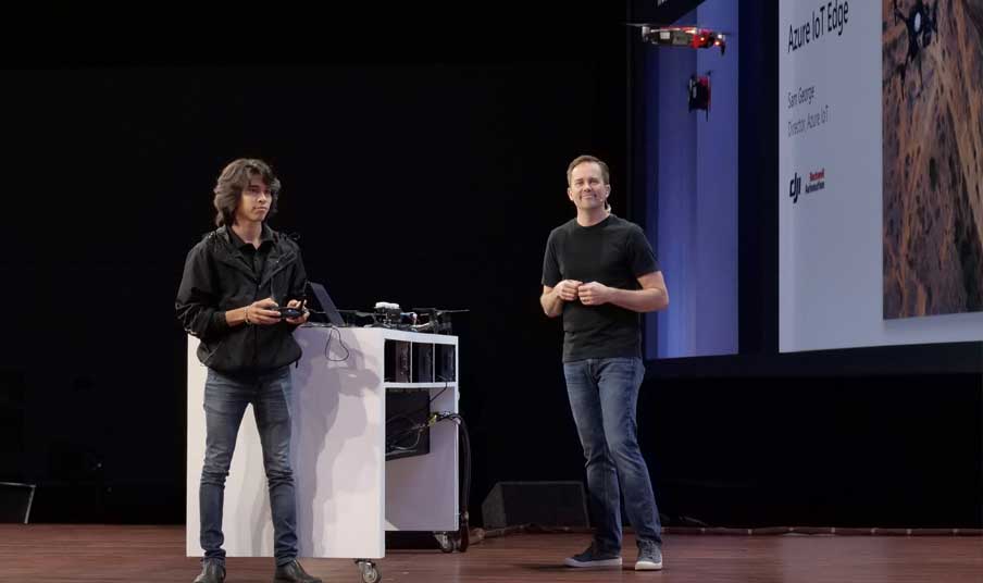 Sam George and a commercial drone pilot demonstrate a DJI Mavic Air using Azure IoT Edge | PRNewswire