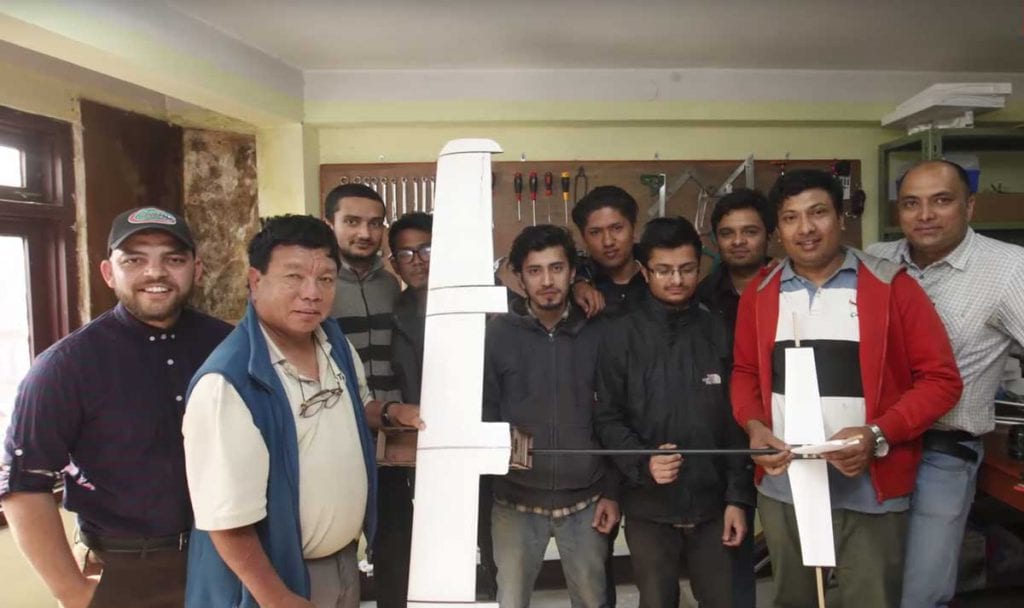 The drone development team with Mahabir Pun at the National Innovation Centre | Nepali Times/Youtube
