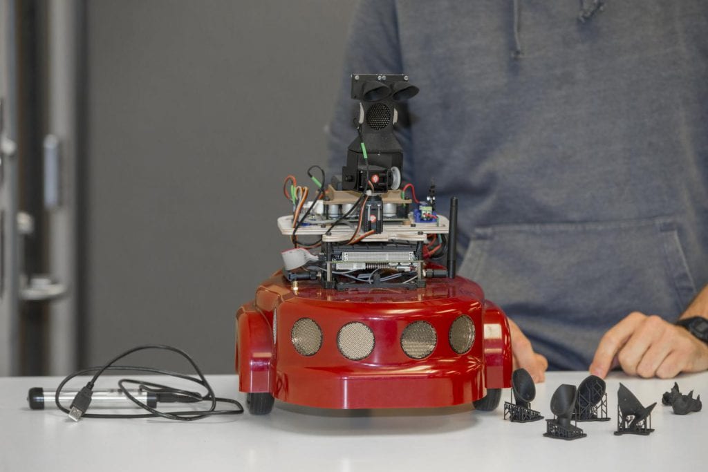 UC professor Dieter Vanderelst designed a robot that uses echolocation to navigate. Now he wants to apply this technology to autonomous drones. Image Credit Joseph Fuqua II/UC Creative Services