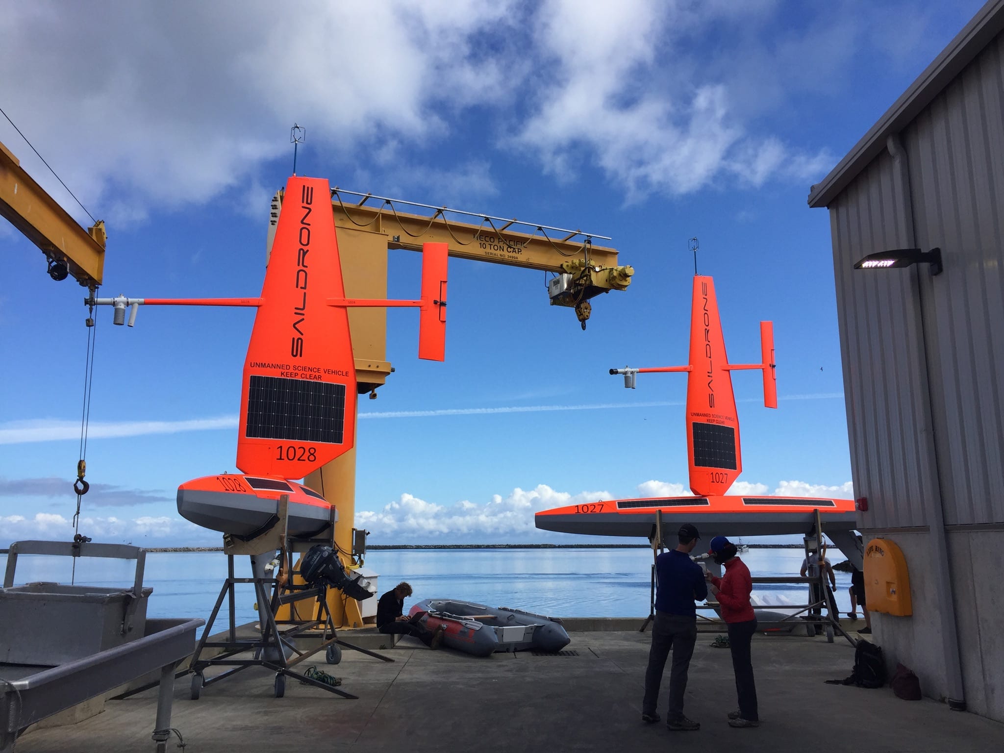 Technicians prepare the first two Saildrones for launch from Neah Bay, Wash | NOAA Fisheries/NWFSC