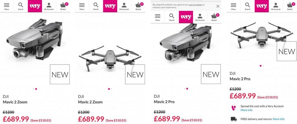 DJI Mavic 2 Pro and Zoom were posted on UK's Very website