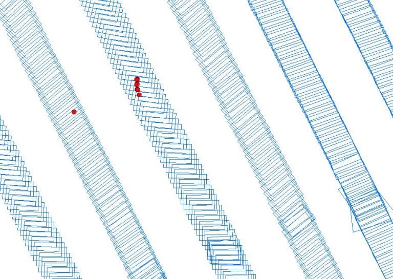 Georeferenced on-ground image footprints (blue rectangles) and dugong sighting positions (red circles) obtained from an aerial survey conducted with WingtraOne © Christophe Cleguer.