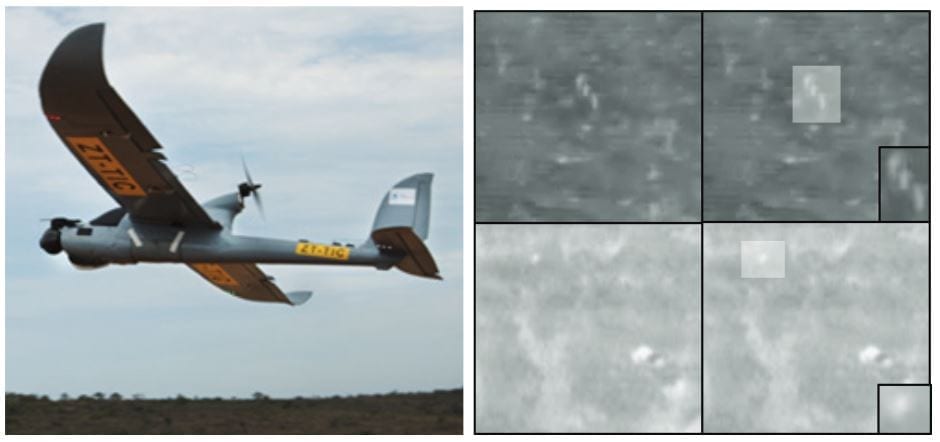 Example UAV and thermal frames from UAV, with white boxes surrounding poachers.
