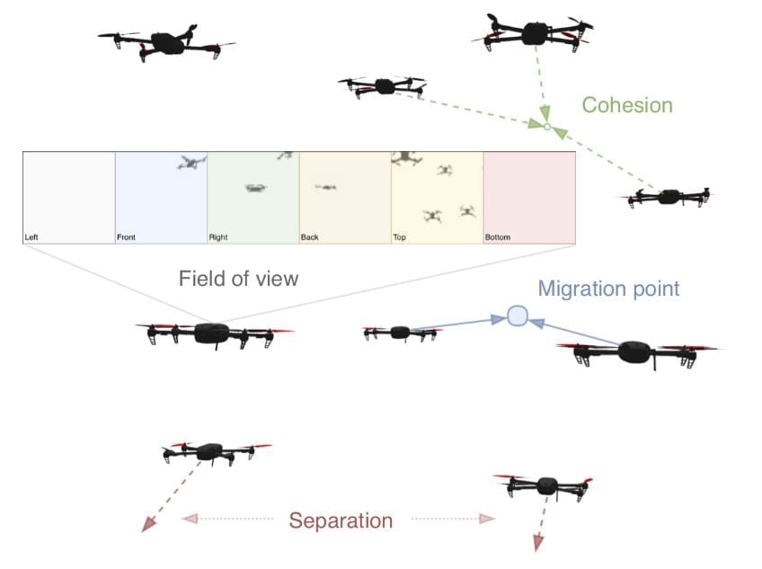 Vision-based flock of nine drones during migration. Our visual swarm controller operates fully decentral- ized and provides collision-free, coherent collective motion without the need to share positions among agents. The behavior of an agent depends only on the omnidirectional visual inputs and the migration point (blue circle and arrows). Collision avoidance (red arrows) and coherence (green arrows) between flock members are learned entirely from visual inputs.
