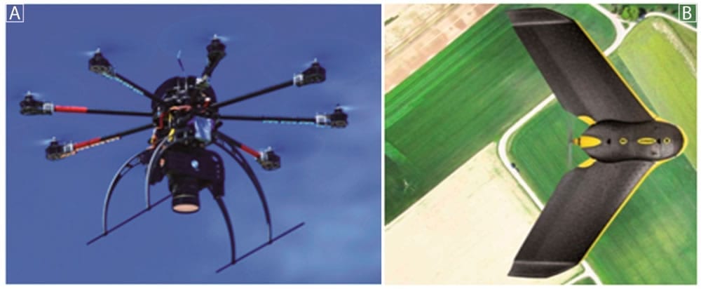 Drone systems: (A) The Tecnikopter (B) eBee.