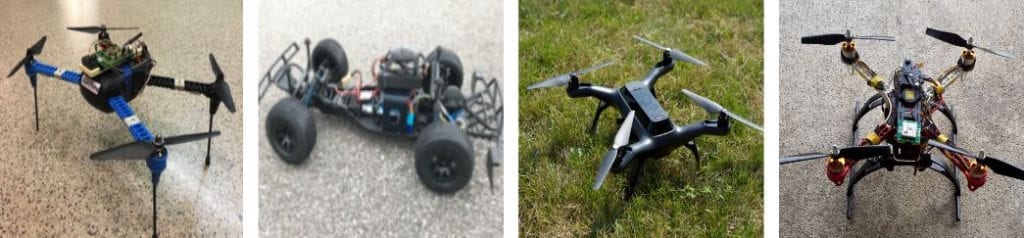 Real RVs in evaluation: 3DR IRIS+, Erle-Rover, 3DR Solo, Self-built (left to right)