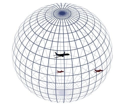 Perception zone of the black airplane (at the center of the sphere), perceiving two other airplanes