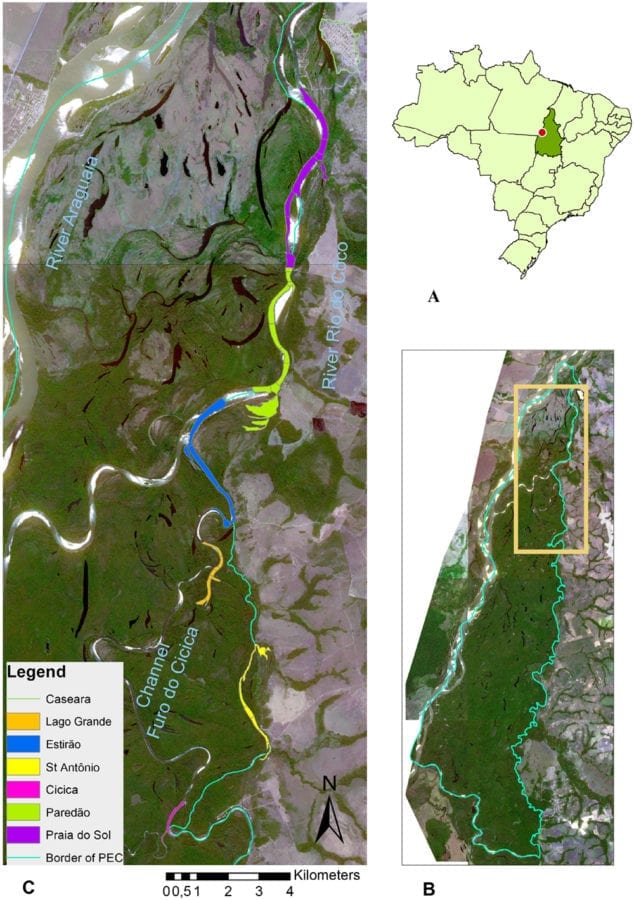 Map of the study site. (A) Location of the Tocantins State, Central Brazil, indicating the area where Parque Estadual do Cant~ao (PEC) is located (dot). (B) PEC border (green line), within which the current study has been carried out (orange frame). (C) Study site map with the location of the six sectors where river dolphins were surveyed. Survey sections were located along the Channel Furo do Cicica and the River do C^oco as well as secondary river arms and lakes. (Source of satellite images: Rapid Eye, July 2015).