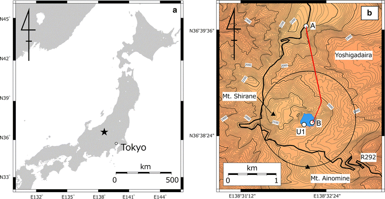 Location and topography of Kusatsu-Shirane volcano. a Location map of Kusatsu-Shirane volcano within Japan (marked by a star). b Topographic map of Kusatsu-Shirane volcano. Solid lines are topographic contours at intervals of 10 m. “A” and “B” correspond to the takeoff/landing site and water sampling site, respectively. Regular sampling of lake water by hand has been carried out at site U1. Red line indicates the flight route for water sampling on October 18, 2017. The circle indicates a distance of 1 km from the center of Yugama crater lake