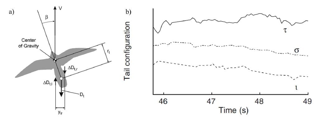 a) Depiction of tail effects on drag in sideslip from b) in flight measurements of tail pitch l, twist, and spread going into a banked turn from