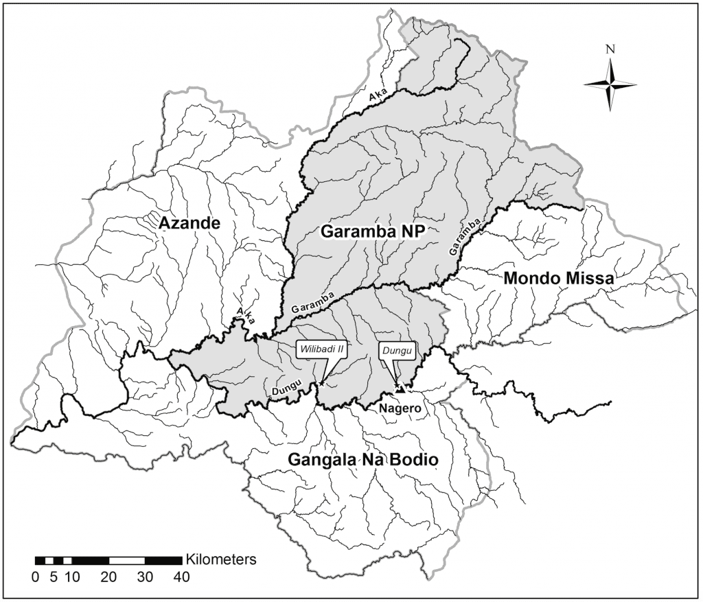 Map of Garamba National Park (DRC). The two study sites, Dungu and Wilibadi II hippo schools, are located in the southern area. 