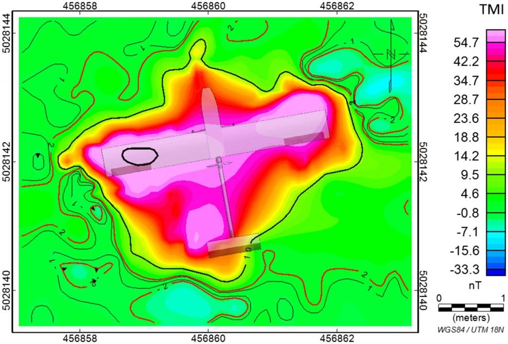UAS magnetic anomaly map with the motor engaged at 50% throttle. Contours of ±1 (thin), ±2 (red), ±10, and ±100 nT (bold) overlay the grid.