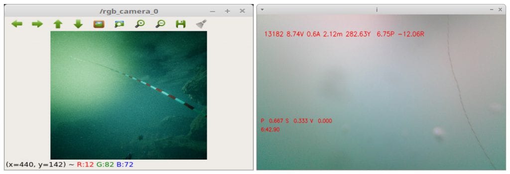 The underwater ROV sees its own tether in the camera view. On the left is an image taken from our simulation and on the right an image taken from one of our dives with the OpenROV in Port Levy, New Zealand.
