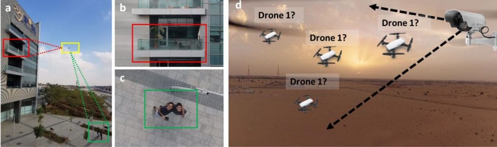 Spying classification problem - legitimate and illegitimate use of a drone from the same location: (a) a drone boxed in yellow, two people boxed in green, and the window of an organization boxed in red, (b) illegitimate use of the drone camera to film the organization, (c) legitimate use of the drone for selfie purposes. Identification problem - when all drones look identical (d), it is difficult to match virtual IDs to physical drones in the camera view.
