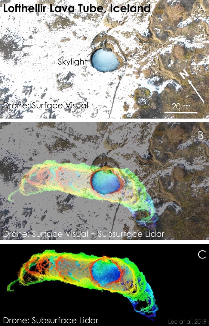 Figure 1: Drone-LiDAR mapping of the “skylight” entrance area of the Lofthellir Lava Tube Ice Cave in Iceland. Top: Aerial view of the entrance. Bottom: Drone-borne LiDAR map of the lava tube cave below the skylight entrance area. Middle: Drone LiDAR map projected against the aerial view to show underground extent of lava tube entrance area. (Credit: NASA/Astrobotic/SETI Institute/Lee et al. 2019)