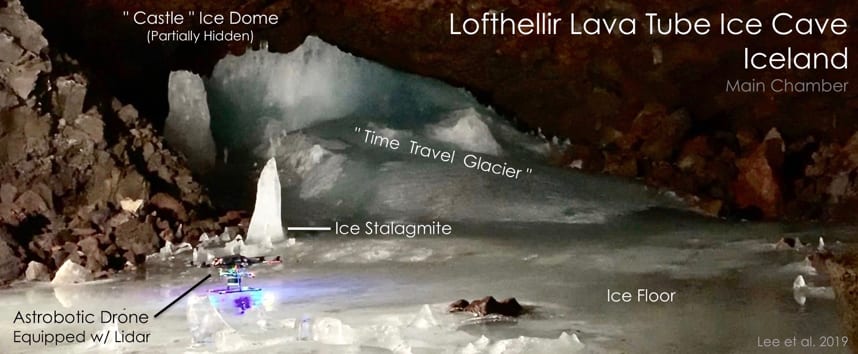 Figure 2: Astrobotic’s LiDAR-equipped drone on the floor of the Main Chamber of the Lofthellir Lava Tube Ice Cave in Iceland, ready for its subterranean mapping mission. (Credit: NASA/Astrobotic/SETI Institute/Dubai Future Foundation/Lee et al. 2019)