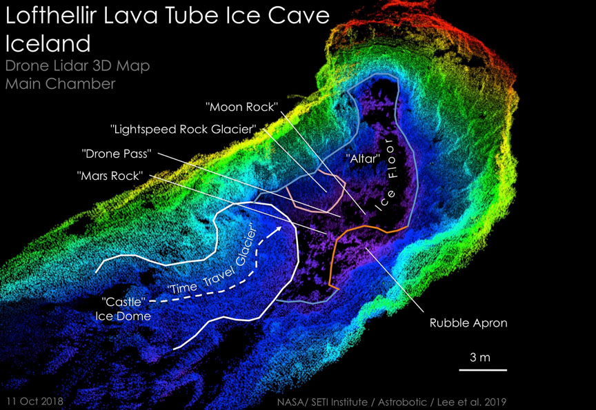 Figure 3: Drone-borne LiDAR 3D map of the Main Chamber of the Lofthellir Lava Tube Ice Cave in Iceland, with highlighted rock and ice features. Colors indicate elevation: Red is highest; Purple is lowest. (Credit: NASA/Astrobotic/SETI Institute/Lee et al. 2019).