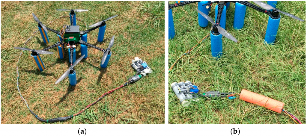 (a) The multirotor UAV that was built as a carrier platform for the (b) sensor node and the water sampling cartridge (WSC) with a closed cell floatation section for depth adjustment. 