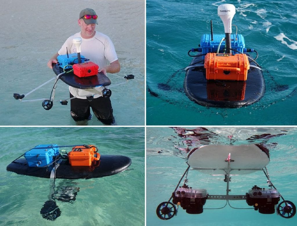 Reef Rover Version 2 showing two different camera systems. The upper right image shows the assembled system collecting data at the West Bay, Grand Cayman study site. The upper left image shows the system setup using four GoPro™ Hero 6 Black cameras. The lower images show the system setup using two Sony a6300 mirrorless cameras in underwater housings.