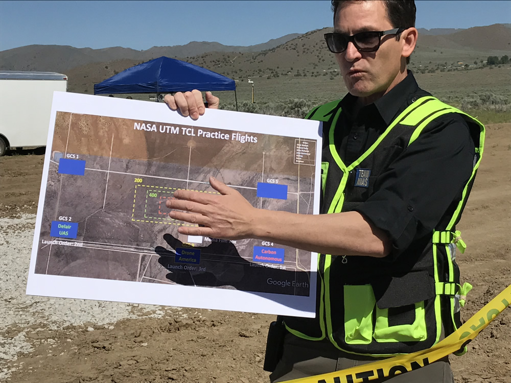 Chris Walach, director of the FAA-designated Nevada UAS Test Site, briefs team members on NASA’s UTM flight plan. Credits: NASA