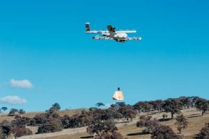 Wing delivery drone flying over Queanbeyan, Australia