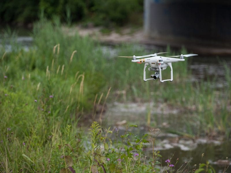 A quadcopter is deployed to collect visual and thermal imagery along Onondaga Creek in Syracuse, N.Y. |