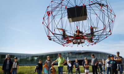 A caged autonomous cargo drone flies in front of the education center during the EPFL drone days at the Swiss Federal Institute of Technology (EPFL) in Lausanne, Switzerland, 03 September 2017