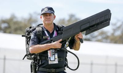 Image: Queensland Police Service officer with DroneGun MKIITM during Commonwealth Games in Brisbane in April 2018