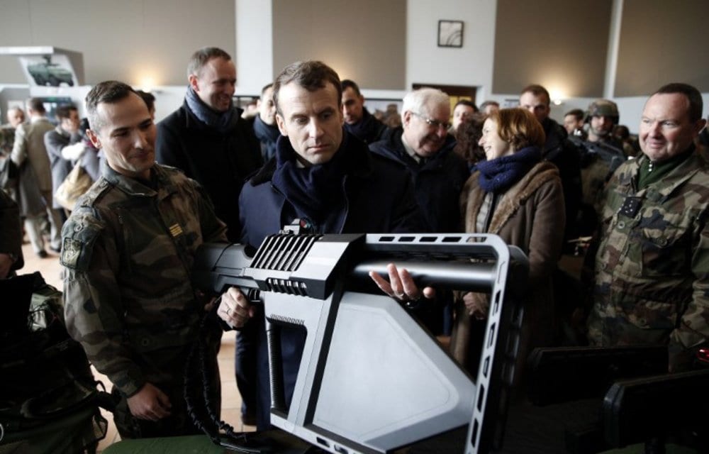 French President Emmanuel Macron inspecting the DroneGun at French Army Camp Mourmelon | DroneShield