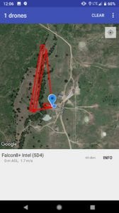 The Open Drone ID mobile application shows the path an Intel Falcon 8+ commercial drone took during Open Drone ID and UAS Integrated Pilot Program event in the Choctaw Nation, outside Durant, Oklahoma, on Aug. 15 2018. (Credit: Intel Corporation)