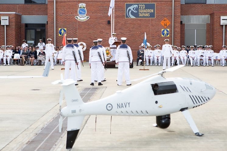 Royal Australian Navy officers and sailors of 822X Squadron on parade during the commissioning ceremony at HMAS Albatross
