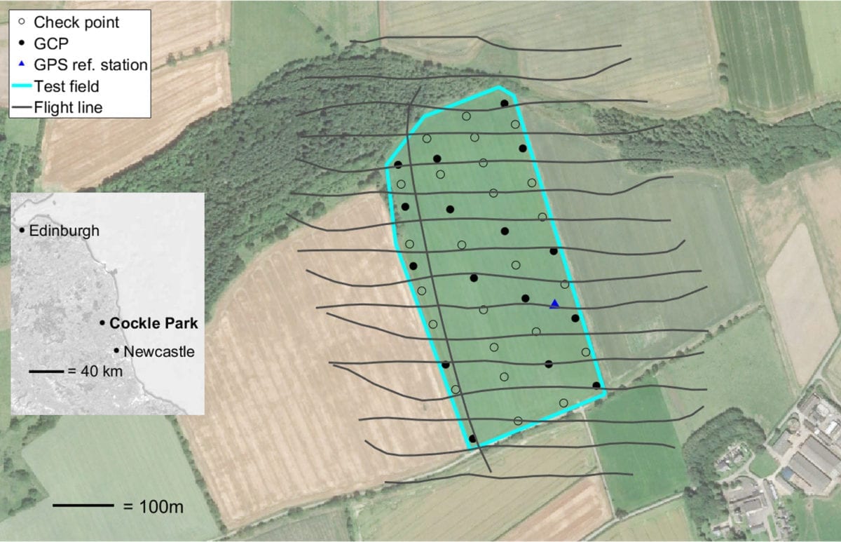 est field at Cockle Park, Northumberland, north‐east England. Flight lines (for Flight 1 only), location of GCPs, check points and the GPS reference station are shown. Background image: Google Earth.