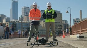 Using the Intel Falcon 8+ Drone and 36-megapixel Sony A7R payload, Intel, Collins Engineers and the Minnesota Department of Transportation conduct an aerial survey of the Stone Arch Bridge in Minneapolis. Working with the Minnesota Department of Transportation and Collins Engineers, Intel used its commercial drone technology to help automate and expedite inspection the pedestrian and bicycle bridge in Minneapolis. (Credit: Intel Corporation)
