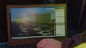 Engineers use Intel Mission Control software to design the flight plan for the visual bridge inspections. In partnership with the Kentucky Transportation Cabinet and Michael Baker International, Intel used its drone technology to help inspect and analyze the Daniel Carter Beard Bridge, an eight-lane interstate across the Ohio River. (Credit: Intel Corporation)