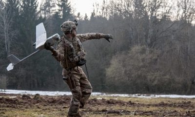 Army Spc. William Ritter prepares to launch the RQ-11 Raven, a small unmanned aerial system into the air during a 2018 training event. Credit. U.S. Army photo by Spc. Dustin D. Biven / 22nd Mobile Public Affairs Detachment