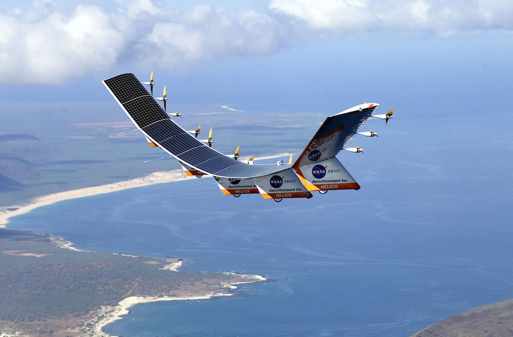 The Helios Prototype was the fourth and final aircraft developed as part of an evolutionary series of solar- and fuel-cell-system-powered unmanned aerial vehicles. AeroVironment, Inc. developed the vehicles under NASA's Environmental