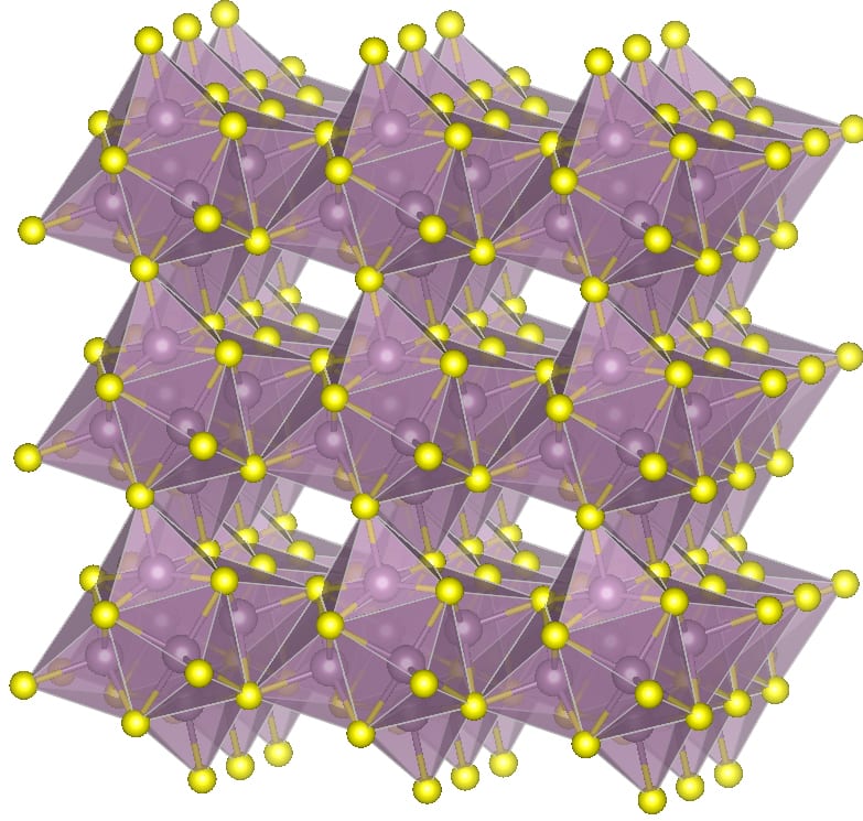 New approach could boost energy capacity of lithium batteries Description Molecular diagram shows the structure of molybdenum sulfide, one of the materials used to create the new kind of cathode for lithium-sulfur batteries. Credits Image courtesy of the researchers