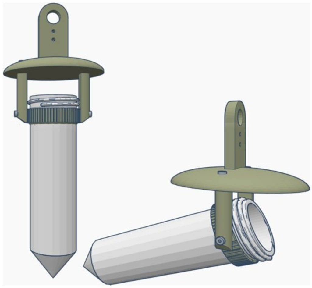 Engineering diagram of the 3D-printed water sampler designed to hold a sterile 50 mL conical tube. The tube had a swinging bucket design (right), and was attached to the drone via a carabiner on a nylon string.