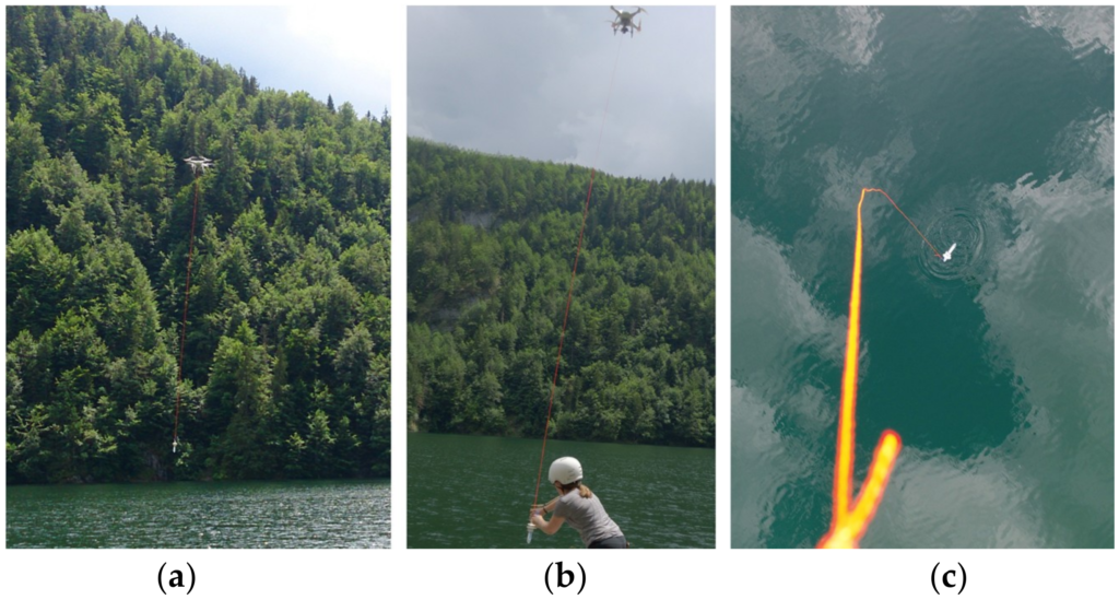 The DrOne Water Sampling SystEm (DOWSE) preparing to collect a sample at Toplitzsee (TOP) in Austria; (b) The DOWSE returning from a sampling mission at TOP; (c) Overhead image of the sampling device in the water taken from the quadcopter. This provided a precise record of the location and sampling time which was embedded in the Exif file of each of the images.