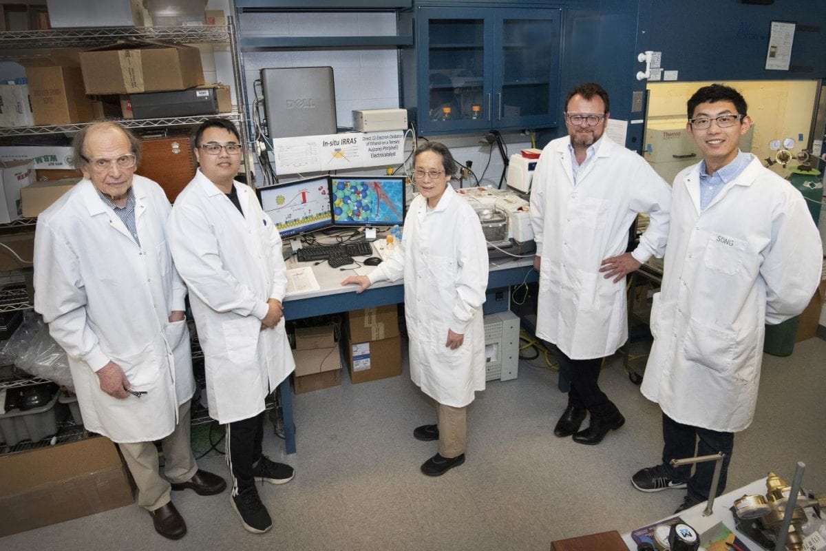 Brookhaven Lab members of the research team that developed and characterized a new core-shell catalyst for complete electro-oxidation of ethanol (l to r): Radoslav Adzic, Zhixiu Liang, Jia Wang, Eli Stavitski, and Liang Song.