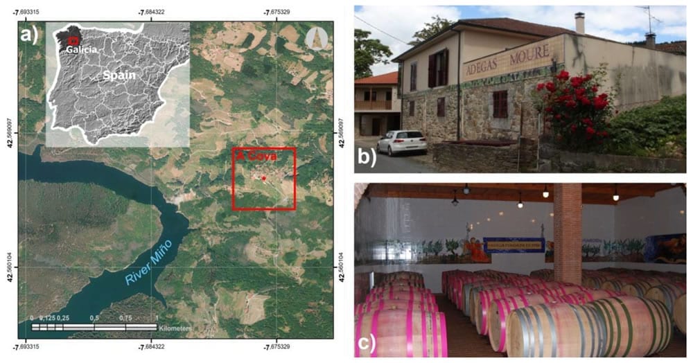 (a) Location of the study building (A Cova, Lugo) and images of the cellar from (b) outside (main façade) and (c) inside the wine-ageing room (ground floor).