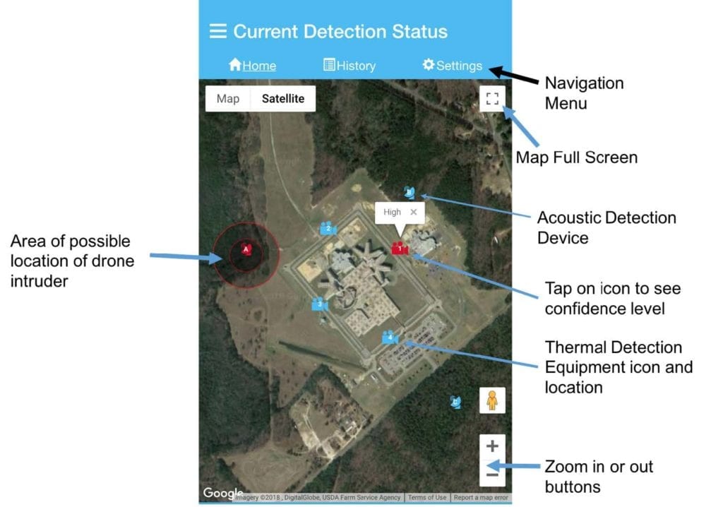 A screenshot taken from the prototype app that controls the drone detection system