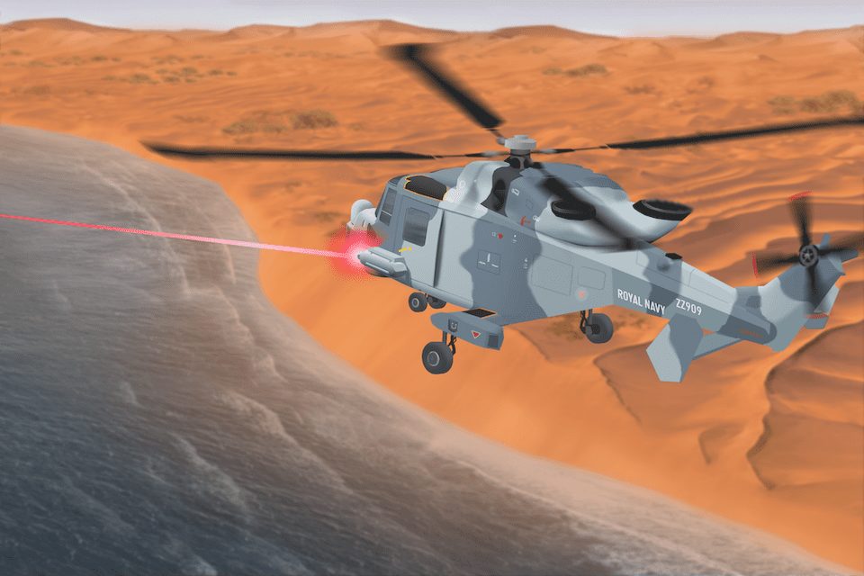 Computer Generated Image illustrating the use of DEW on a Wildcat helicopter. Crown copyright.