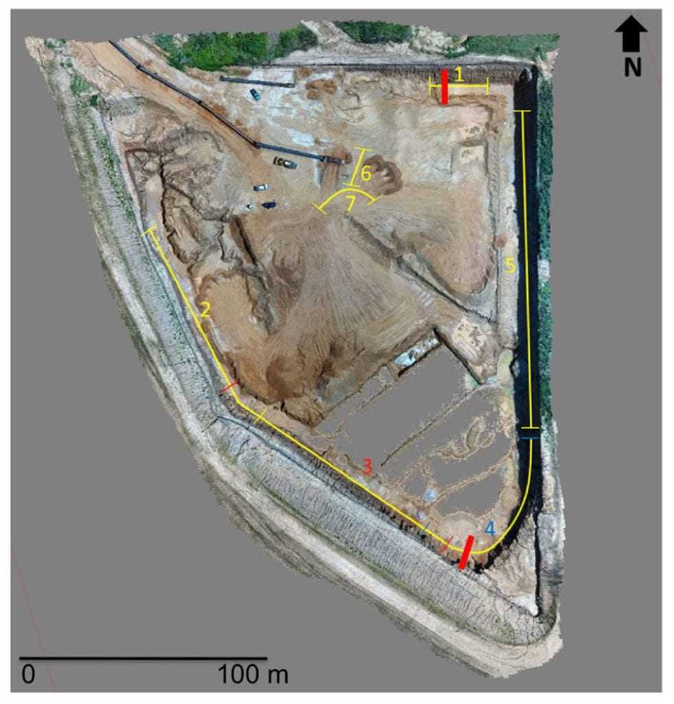 Map view of 3-D model of the quarry pit using 3D Survey software. The numbered yellow lines are the highwalls that were geologically interpreted. The short colored lines that cross the exterior highwalls mark the ends of the highwall with the same colored number. The short bold red line that bisects highwalls 1 and 4 is the location of the fault in Figure 8 and Figure 11.