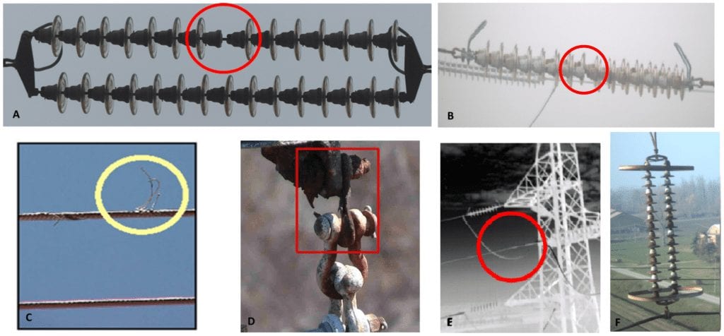 A sample of common defects: (A) missing plate along the insulator chain; (B) missing plate along the (rusted) insulator chain; (C) damaged strand of the cable; (D) hanging point, damaged by rust; (E) cable joints, which are more frequently affected by hot spots; (F) a chain of insulators, rusted.